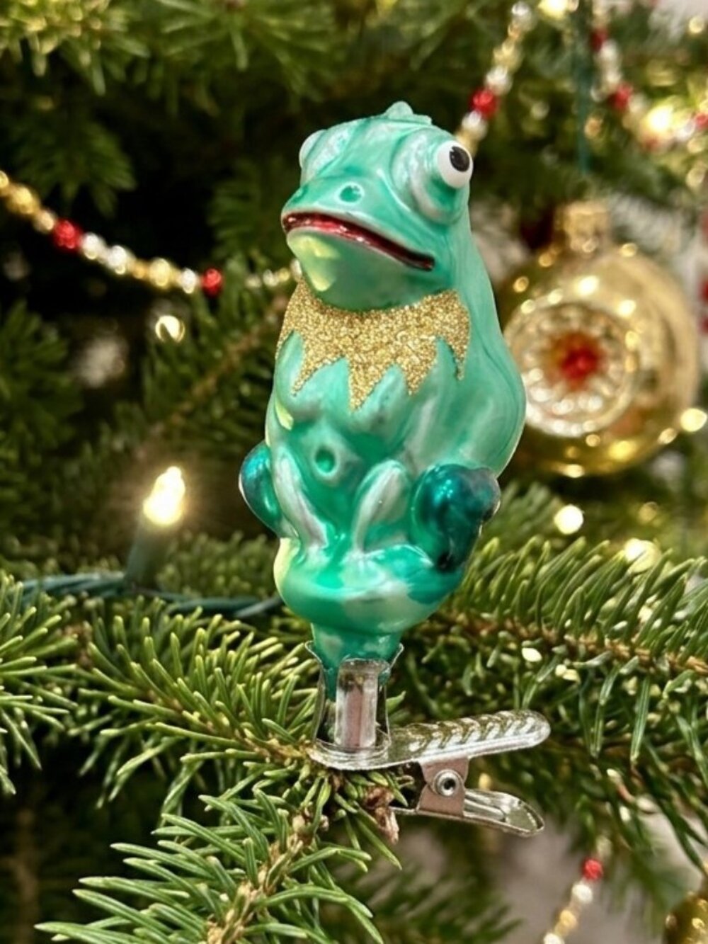 Vintage Old World Christmas Frog Clip Ornament Mercury Glass